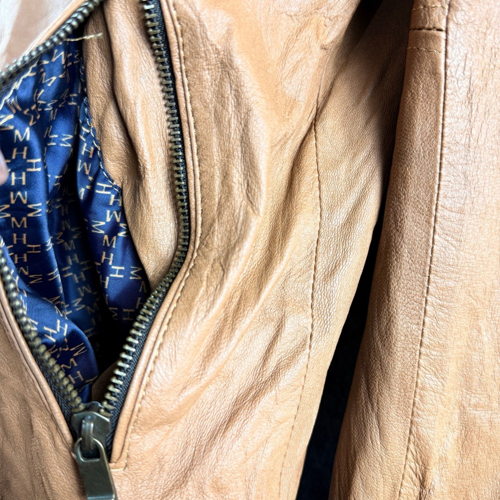 Mario Hernandez Leather Bomber Jacket Tan Brown Mens SZ 40 Zip Front Ribbed Trim - Picture 9 of 16